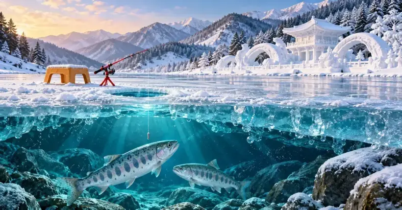 눈 덮인 산과 정자 모양의 눈 조각을 배경으로 얼음낚시 도구와 얼음 아래 헤엄치는 산천어를 표현한 겨울 축제 이미지.